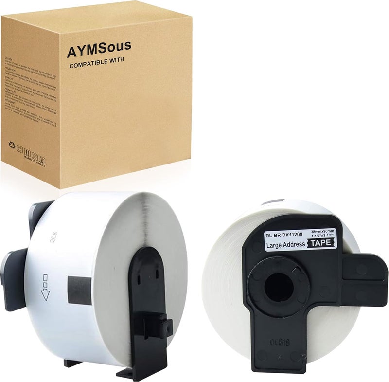 AYMSous Compatible 2 Pack DK-1208 Die-Cut White Label Paper (1.4"x 3.5" / 38mm x 90mm) with 2 Refillable Cartridge Replacement for Brother DK-1208 for QL Label Printers (400 Labels/Rolls) - Image 1